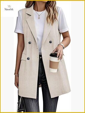 Long Linen Vest Sleeveless Blazer Lightweight Office Casual Jacket